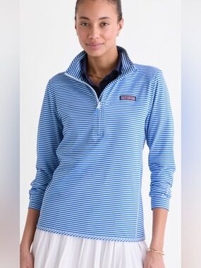 Vineyard Vines Blue Striped Performance Sankaty Shep Shirt Quarter-Zip Pullover